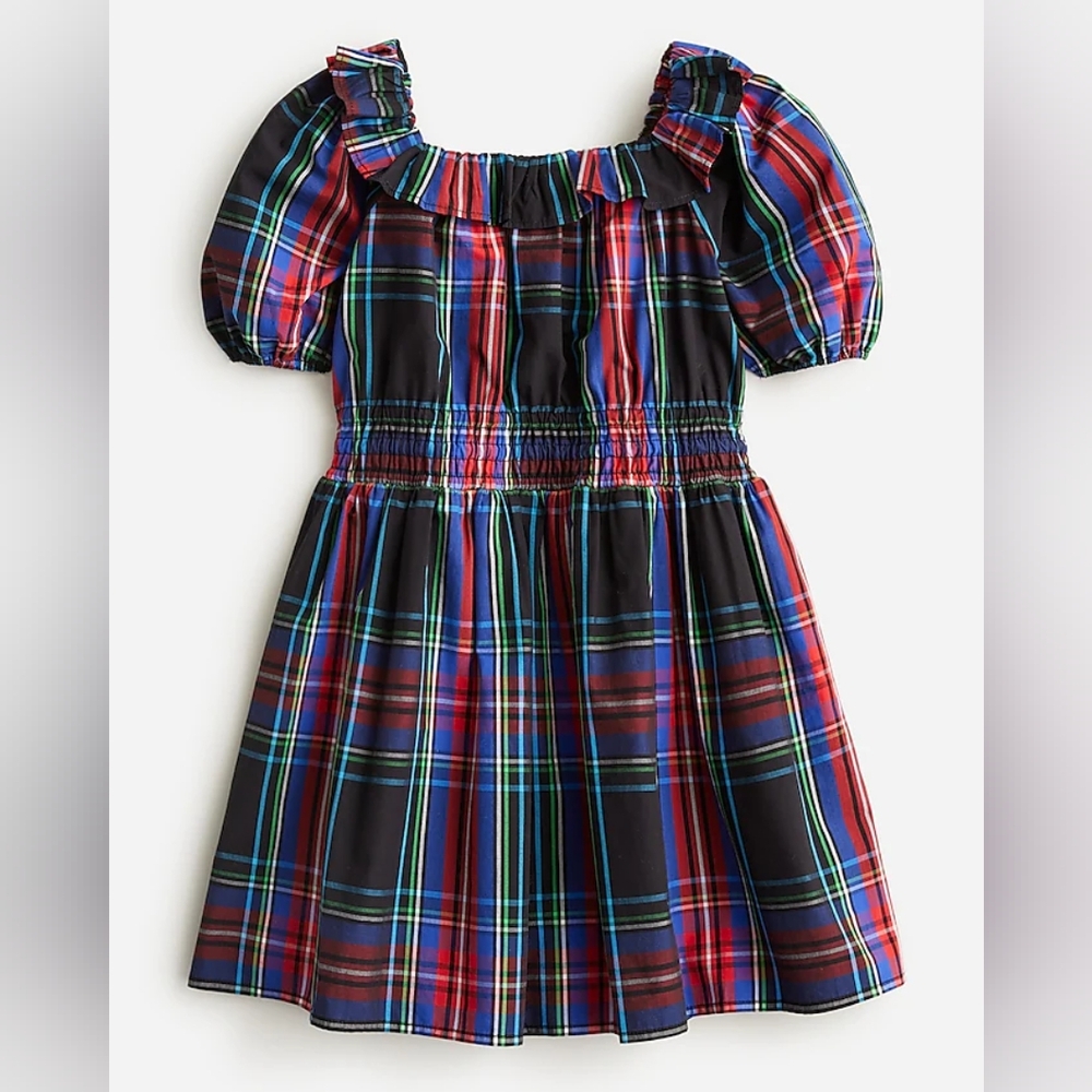 J. Crew Girls' puff-sleeve dress in black Stewart tartan